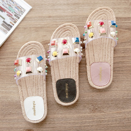 Women's Espadow with transparent rhinestones Flat sandals slippers クリア