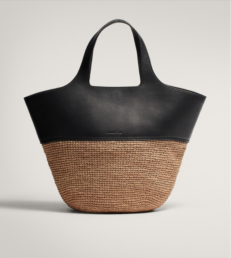 stitched leather design raffia woven bag Handbag　ステッチレザーデザインラフィア籠  かごバッグハンドバッグ