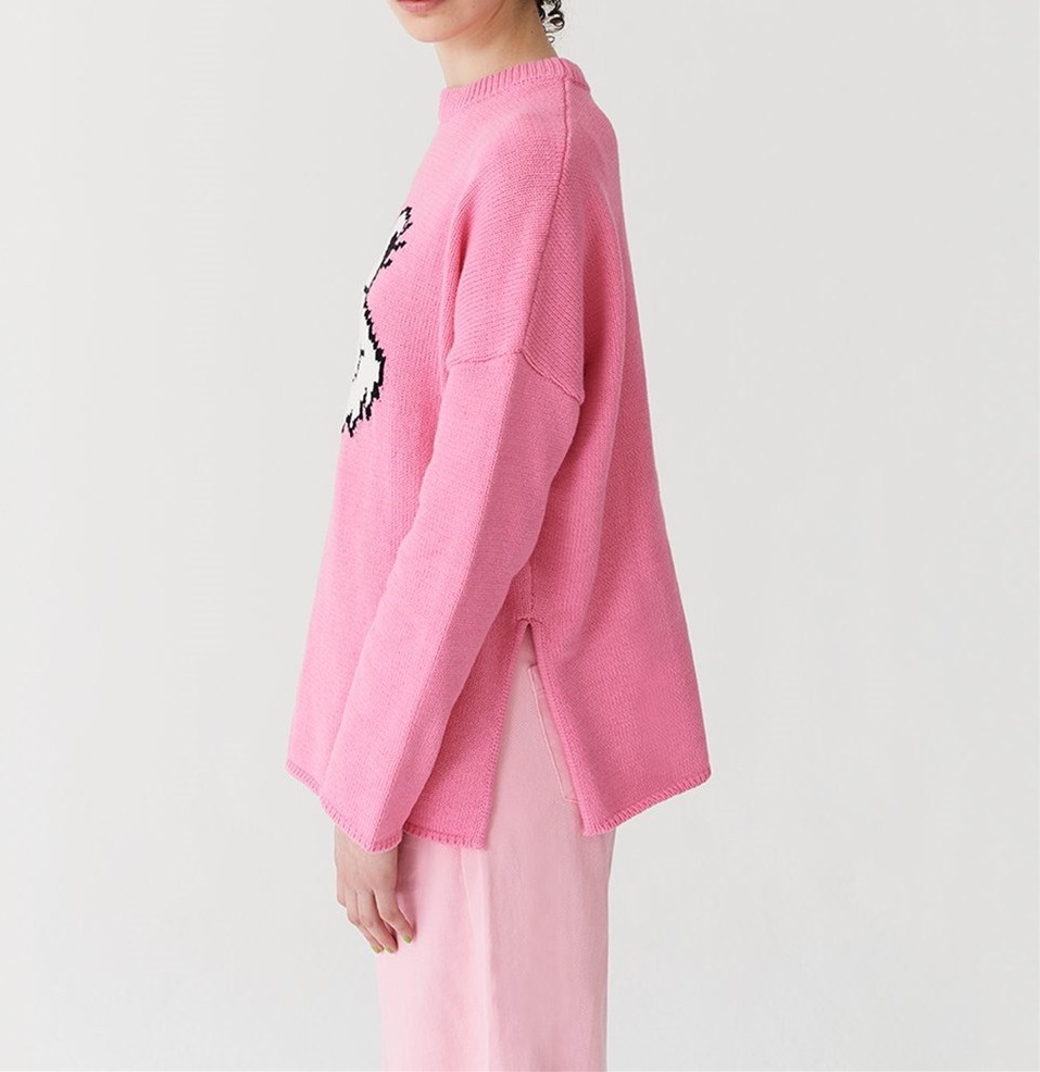 Women's cute pink rabbit head round neck loose sweater knit ピンク
