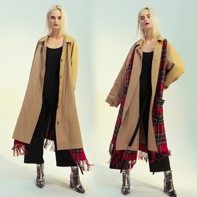 Over sized loose trench coat reversible checked-scarf trench coat ...
