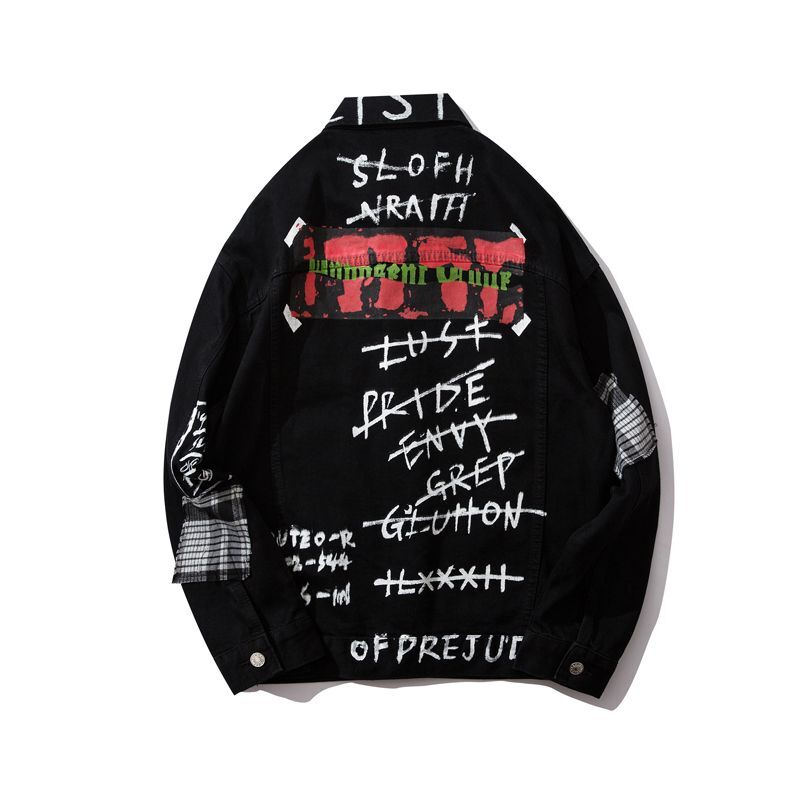 letter graffiti printing black denim jacket men and women ユニ