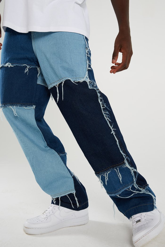 Unisex Patchwork denim skater jeans denim casual pants ユニ