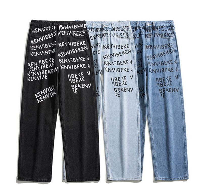 Unisex loose straight legAlphabet logo print denim pants trousers