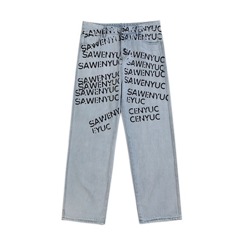 Unisex loose straight legAlphabet logo print denim pants trousers