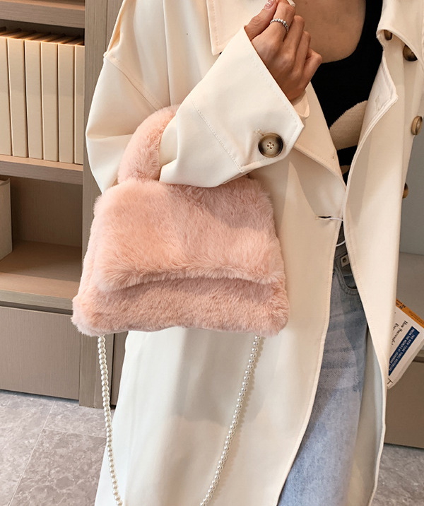 Pearl chain fur shoulder oblique crossbag tote shoulder hand bag