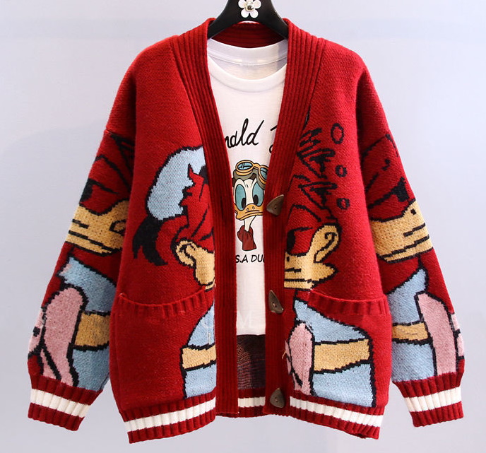 Donald Duck Braided V-Neck Cardigan Knit Sweater Jacket ドナルド ...