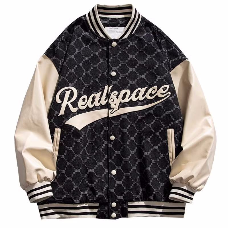 denim and leather monogram stadium jacket baseball uniform jacket