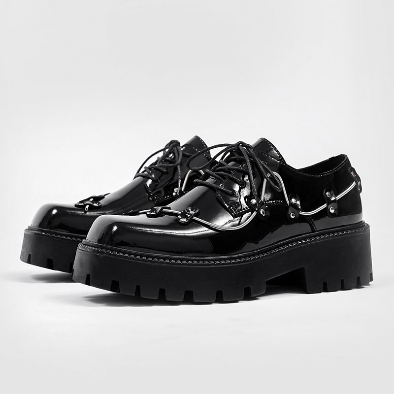 Men's lace up Stud shoes in black patent leather with chunky platform sole  loafers パテント 本革レザー レースアップシューズ プラットフォーム チャンキーソール ローファー